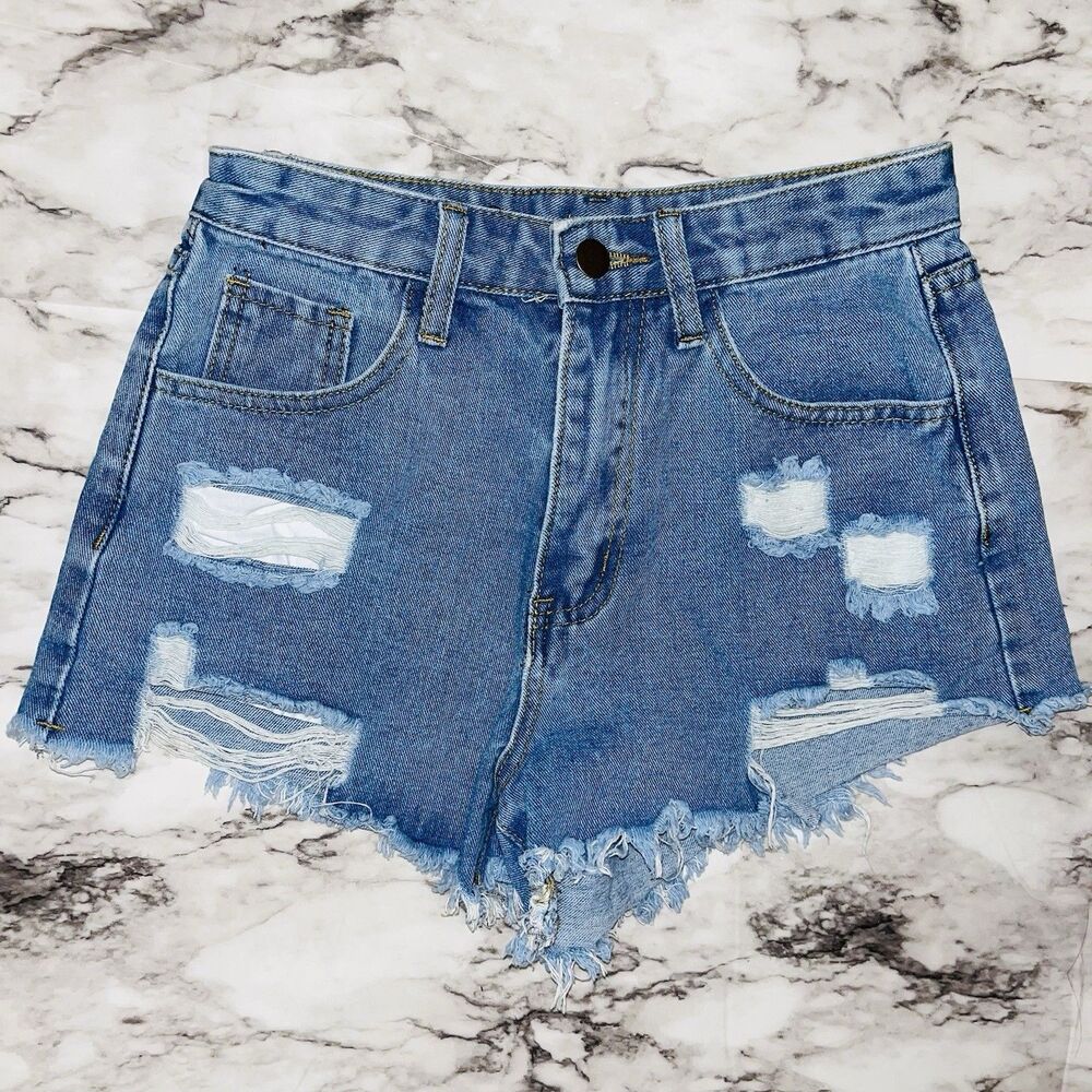 SHEIN High Rise Distressed Denim Shorts Women Size XS Blue Frayed Hem Cut Off